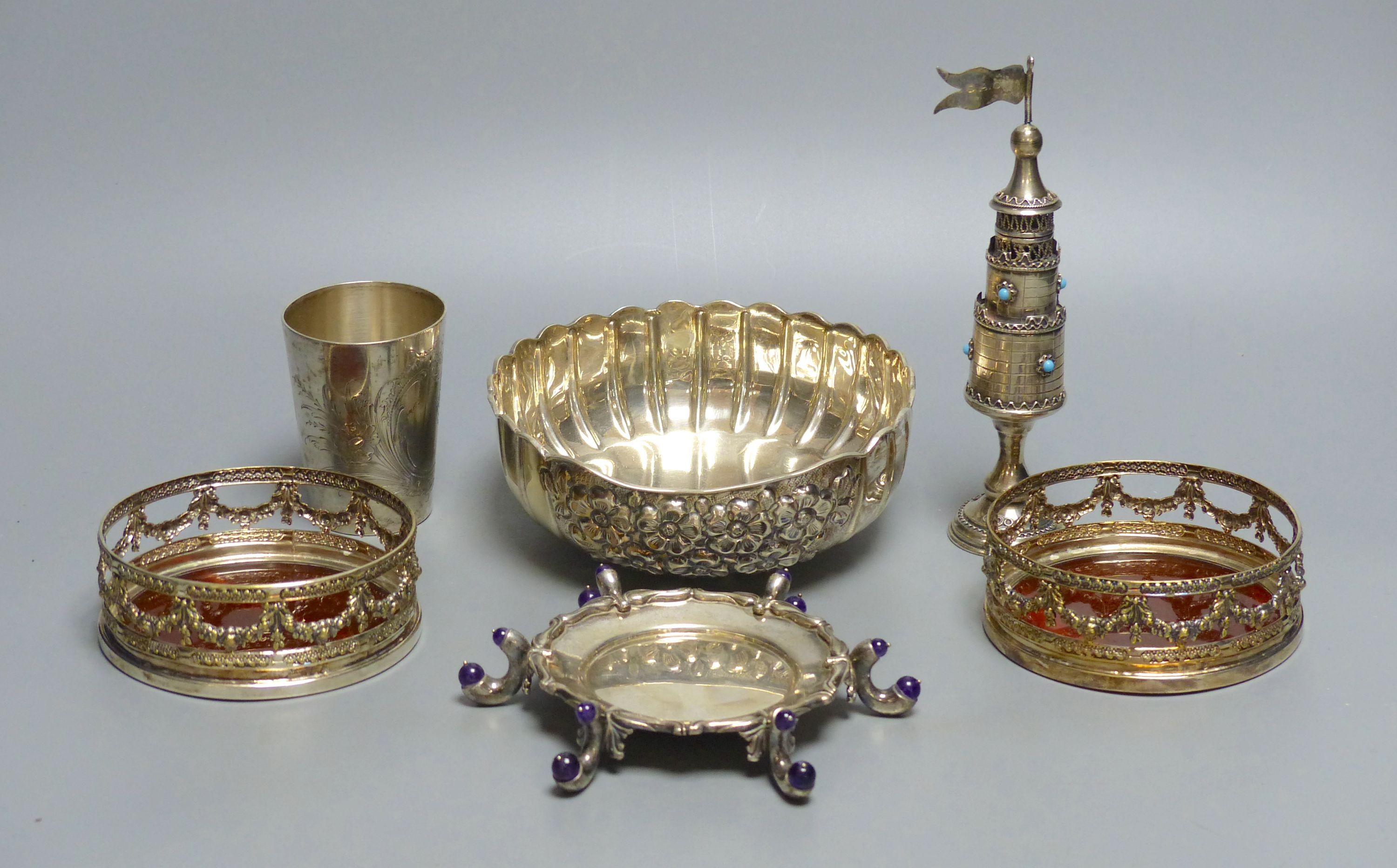 A sterling bowl, 15.1cm, a white metal and enamel spice tower, German beaker, pair of plated coasters and a stand
